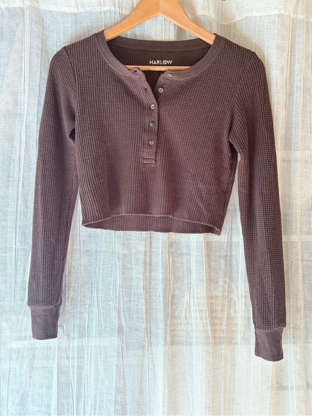 Harlow Brown Waffle-Knit Henley Crop Long Sleeve Size S